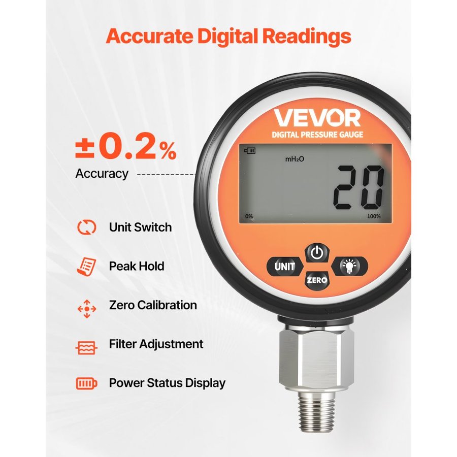 VEVOR Digital Hydraulic Pressure Gauge – 0–10000 PSI, 1/4"