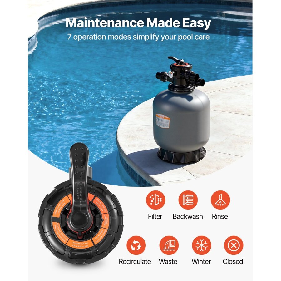 VEVOR Sand Filter, 457.2 mm, 151.4 LPM Above Inground Swimming Pool Sand Filter System, with 7-Way Multi-Port Valve, Backwash, Rinse, Recirculate, Waste, Winter, Closed Modes, for Above In Ground Pool