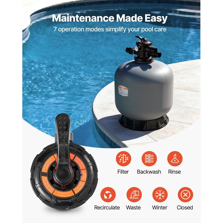 VEVOR Sand Filter, 609.6 mm, 246.1 LPM Above Inground Swimming Pool Sand Filter System, with 7-Way Multi-Port Valve, Backwash, Rinse, Recirculate, Waste, Winter, Closed Modes, for Above In Ground Pool
