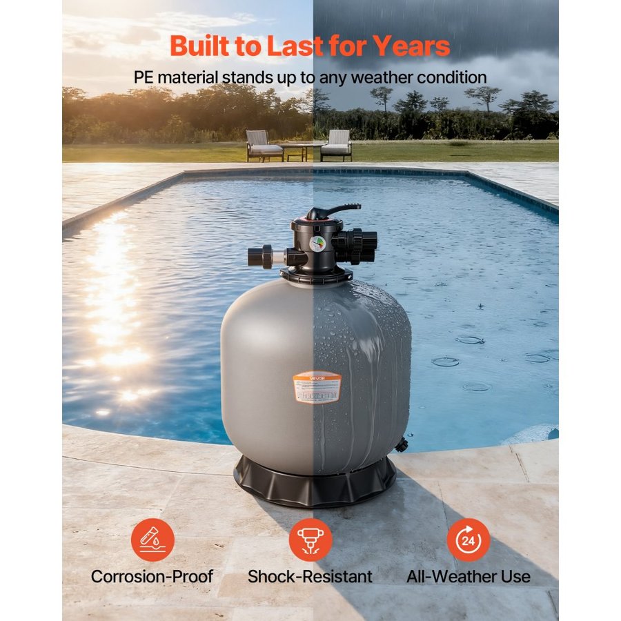 VEVOR Sand Filter, 609.6 mm, 246.1 LPM Above Inground Swimming Pool Sand Filter System, with 7-Way Multi-Port Valve, Backwash, Rinse, Recirculate, Waste, Winter, Closed Modes, for Above In Ground Pool