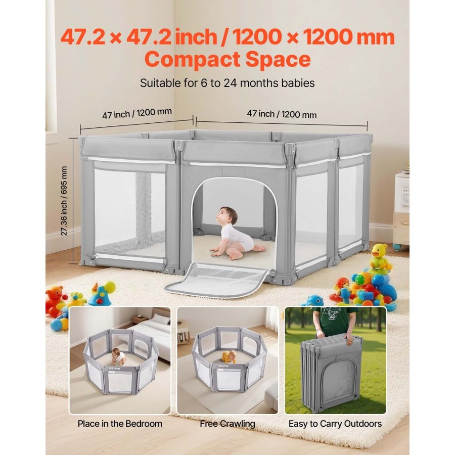 VEVOR Portable Baby Play Yard – 47.2 × 47.2 In, 210D Fabric