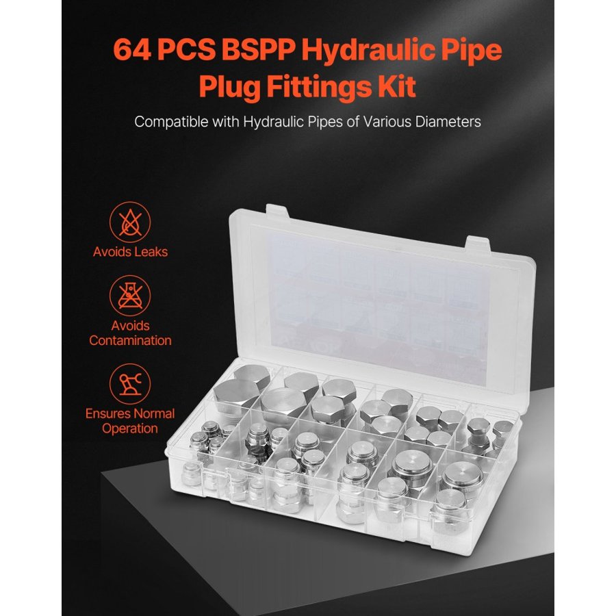 VEVOR 64 PCS BSPP Hydraulic Fittings, Hydraulic Cap and Plug Kit with Precision Threading, Galvanized Steel Heavy Duty Hydraulic Fitting Adapter Kit, Dash Sizes 04/06/08/10/12/16