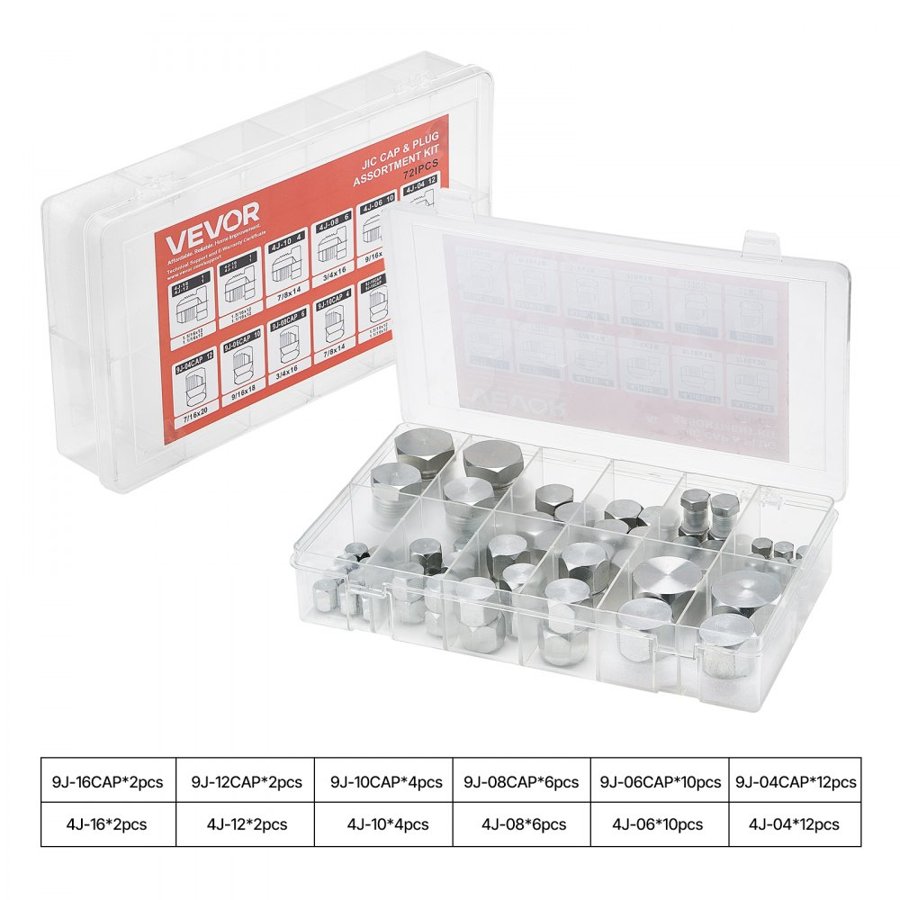 VEVOR Hydraulic JIC Cap and Plug Kit – 72 PCS, #45 Steel