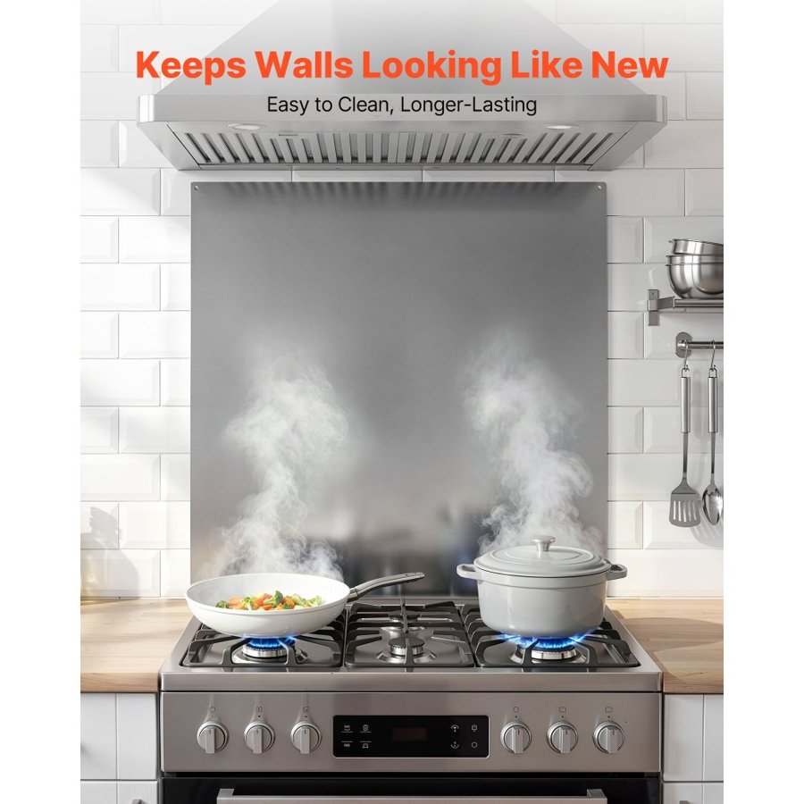 VEVOR 76x76 cm Stainless Steel Backsplash for Stove, Ultra Flat Splatter Guard, Wall Shield Range Hood Backsplash, Easy Clean Kitchen Wall Metal Panel, Pre-Drilled Holes for Easy Installation, Silver