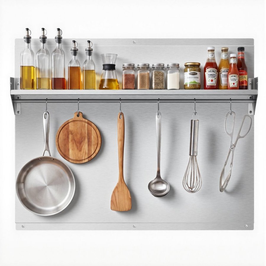 VEVOR 76x61 cm Stainless Steel Backsplash for Stove, Ultra Flat Splatter Guard with Storage Shelf & Hanging Rack, Wall Shield Range Hood Panel, Easy Clean, Pre-Drilled Holes for Easy Installation