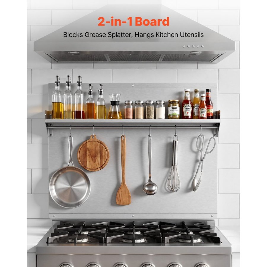 VEVOR 76x61 cm Stainless Steel Backsplash for Stove, Ultra Flat Splatter Guard with Storage Shelf & Hanging Rack, Wall Shield Range Hood Panel, Easy Clean, Pre-Drilled Holes for Easy Installation