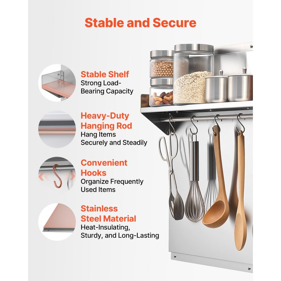 VEVOR 76x61 cm Stainless Steel Backsplash for Stove, Ultra Flat Splatter Guard with Storage Shelf & Hanging Rack, Wall Shield Range Hood Panel, Easy Clean, Pre-Drilled Holes for Easy Installation