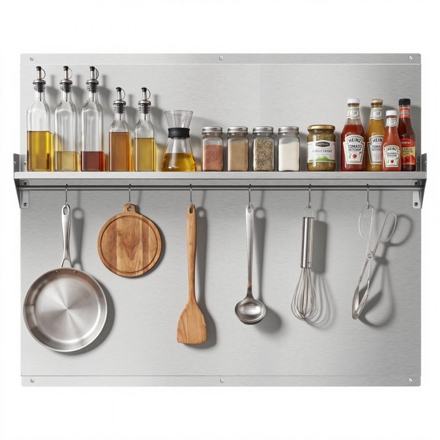 VEVOR 91x76 cm Stainless Steel Backsplash for Stove, Ultra Flat Splatter Guard with Storage Shelf & Hanging Rack, Wall Shield Range Hood Panel, Easy Clean, Pre-Drilled Holes for Easy Installation
