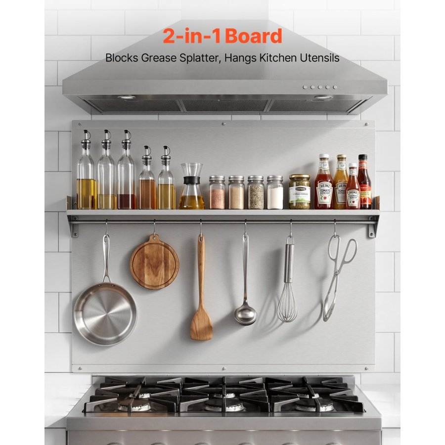 VEVOR 91x76 cm Stainless Steel Backsplash for Stove, Ultra Flat Splatter Guard with Storage Shelf & Hanging Rack, Wall Shield Range Hood Panel, Easy Clean, Pre-Drilled Holes for Easy Installation