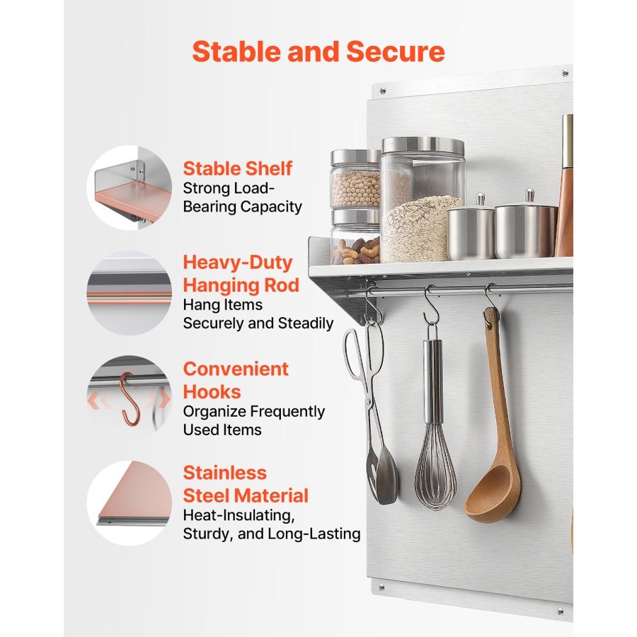VEVOR 91x76 cm Stainless Steel Backsplash for Stove, Ultra Flat Splatter Guard with Storage Shelf & Hanging Rack, Wall Shield Range Hood Panel, Easy Clean, Pre-Drilled Holes for Easy Installation