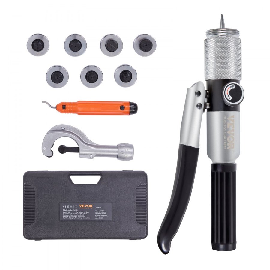 VEVOR Hydraulic Tube Expander, 3/8" to 1-1/8" OD, HAVC Hydraulic Swaging Tool with 7 Pipe Expander Heads, Deburring Tool, Pipe Cutter for Copper Aluminum Brass Soft Steel Pipes