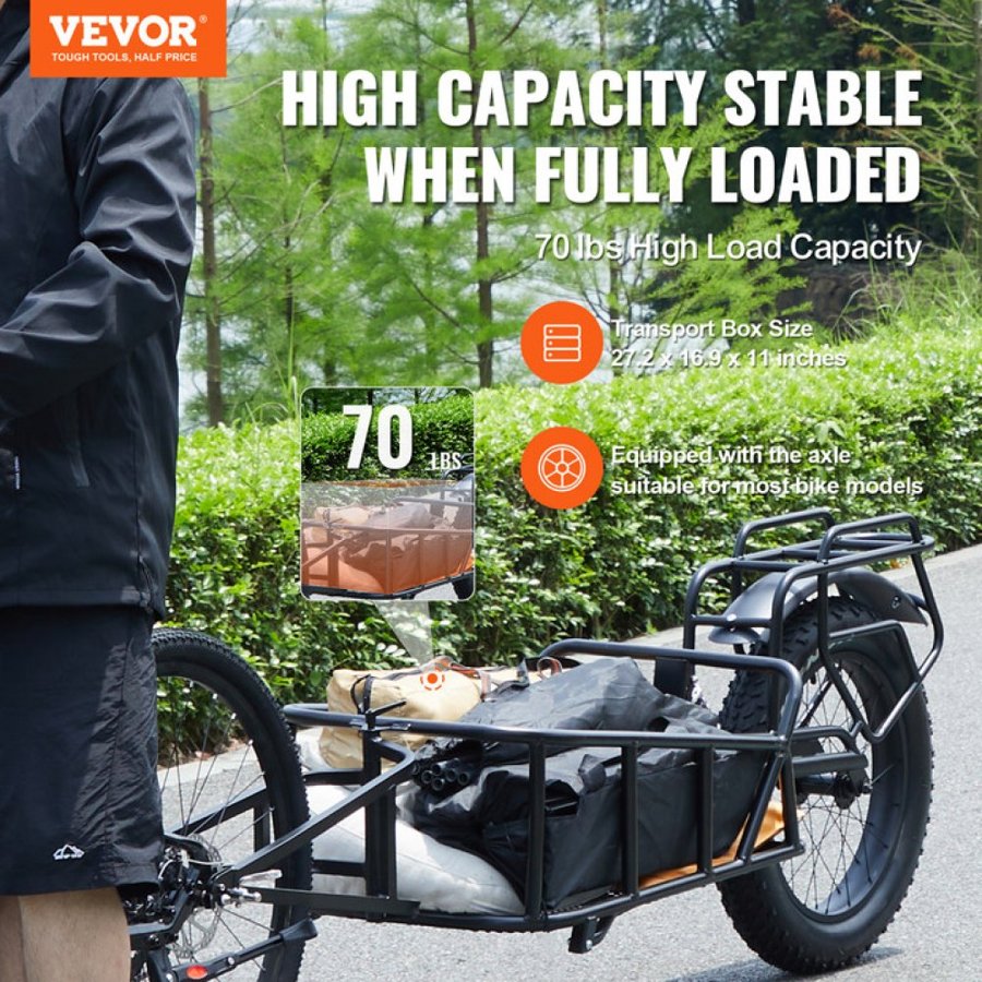 VEVOR Bike Cargo Trailer, 70 lbs Load Capacity, Heavy-Duty Bicycle Wagon Cart, Compact Storage & Quick Release Structure with Universal Hitch, 20" Wheels, Fits Most Bike Wheels, Carbon Steel Frame