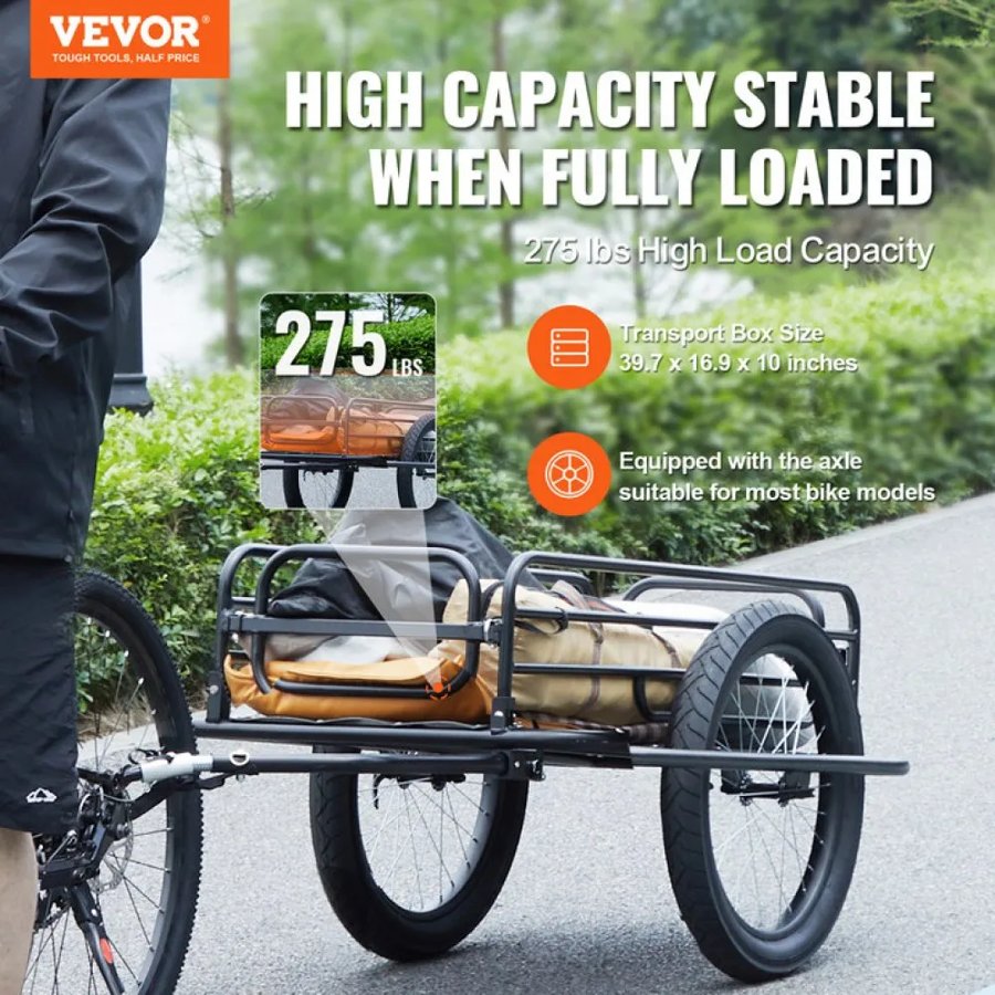 VEVOR Bike Cargo Trailer, 275 lbs/124.7 kg Load Capacity, Heavy-Duty Bicycle Wagon Cart, Foldable Compact Storage & Quick Release with Universal Hitch, 20" (50.8 cm) Wheels, Fits Most Bike Wheels, Carbon Steel Frame