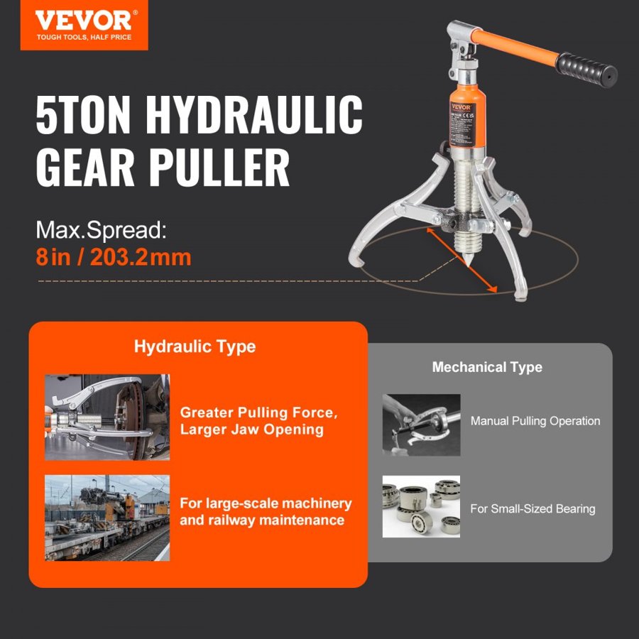 VEVOR Hydraulic Gear Puller, 5 Ton Max Capacity Wheel Bearing Pulling Separator, 2 or 3 Jaws Puller, Vertically and Horizontally, 20.32 cm Jaw Hydraulic Puller with Case for Pulling Hubs
