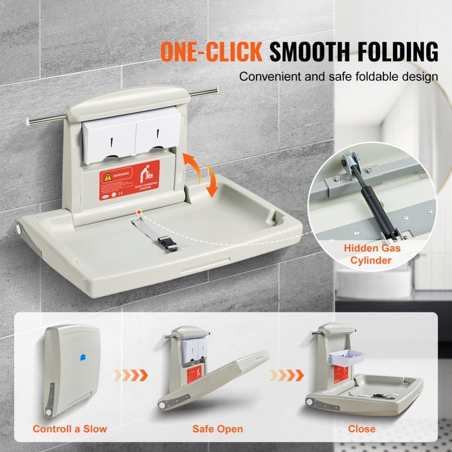 VEVOR Wall-Mounted Baby Changing Station, Horizontal Foldable Diaper Change Table with Safety Straps and Hanging Rods, Use in Commercial Bathrooms,  Daycare Centers for Newborns & Infant