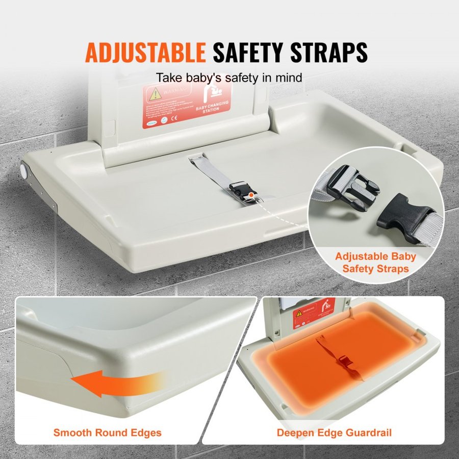 VEVOR Wall-Mounted Baby Changing Station, Horizontal Foldable Diaper Change Table with Safety Straps and Hanging Rods, Use in Commercial Bathrooms,  Daycare Centers for Newborns & Infant