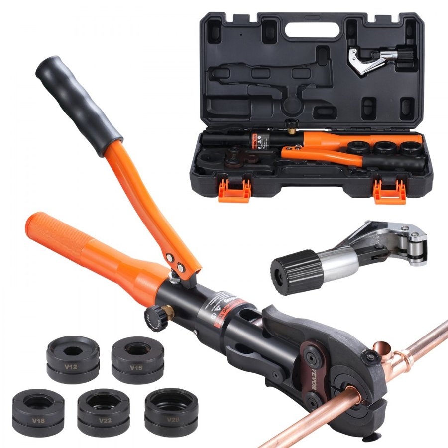 VEVOR Copper Tube Fittings Hydraulic Pipe Crimping Tool, Pressing Plier with V12, V15, V18, V22, V28 Quick Change Jaws, 360° Rotatable Press Kit for Confined Spaces Tee Fittings Hydraulically Driven