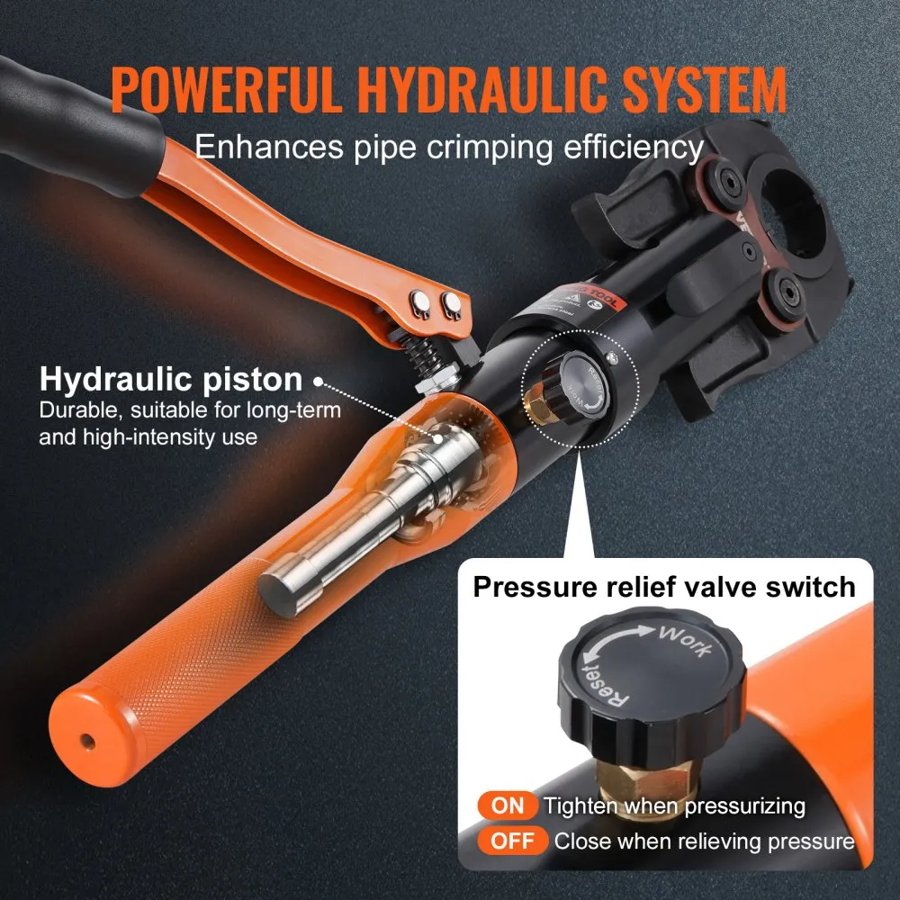 VEVOR Copper Tube Fittings Hydraulic Pipe Crimping Tool, Pressing Plier with V12, V15, V18, V22, V28 Quick Change Jaws, 360° Rotatable Press Kit for Confined Spaces Tee Fittings Hydraulically Driven