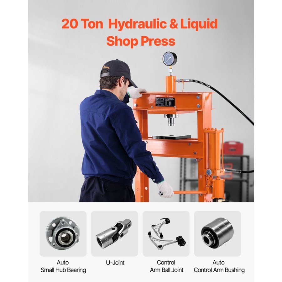 VEVOR Hydraulic Shop Press, 20 T H-Frame Pneumatic Shop Press with Press Plate, Stable Garage Floor Adjustable Hydraulic Press with Triangular Support, Fit for Bending, Straightening & Stamping