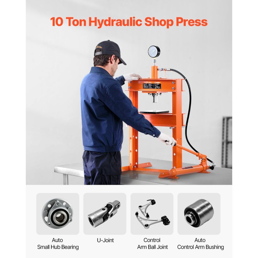 VEVOR Hydraulic Shop Press, 10 T H-Frame Shop Press with Press Plate & H-shaped Base, Stable Garage Floor Adjustable Hydraulic Press with Relief Valve, Fit for Bending, Straightening & Stamping