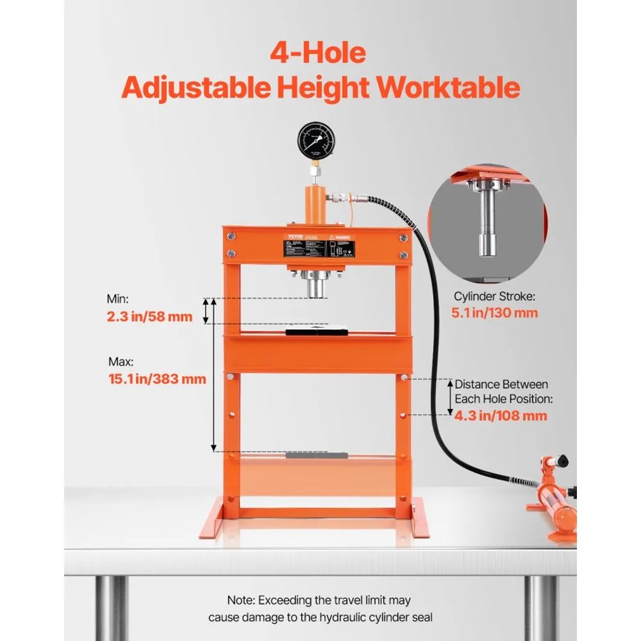 VEVOR Hydraulic Shop Press, 10 T H-Frame Shop Press with Press Plate & H-shaped Base, Stable Garage Floor Adjustable Hydraulic Press with Relief Valve, Fit for Bending, Straightening & Stamping