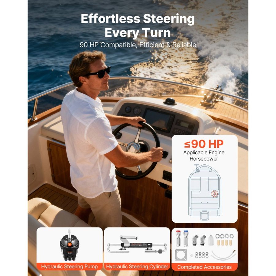 VEVOR Hydraulic Steering Kit, 70kW (90 HP), Hydraulic Steering Helm Pump & Cylinder, with 6.9 MPa/1000 psi Max Working Pressure, Aluminum Alloy Housing, Check Valve, for Outboards Fishing Boats Sailboats