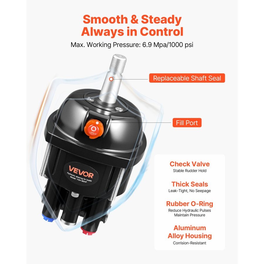 VEVOR Hydraulic Steering Kit, 70kW (90 HP), Hydraulic Steering Helm Pump & Cylinder, with 6.9 MPa/1000 psi Max Working Pressure, Aluminum Alloy Housing, Check Valve, for Outboards Fishing Boats Sailboats