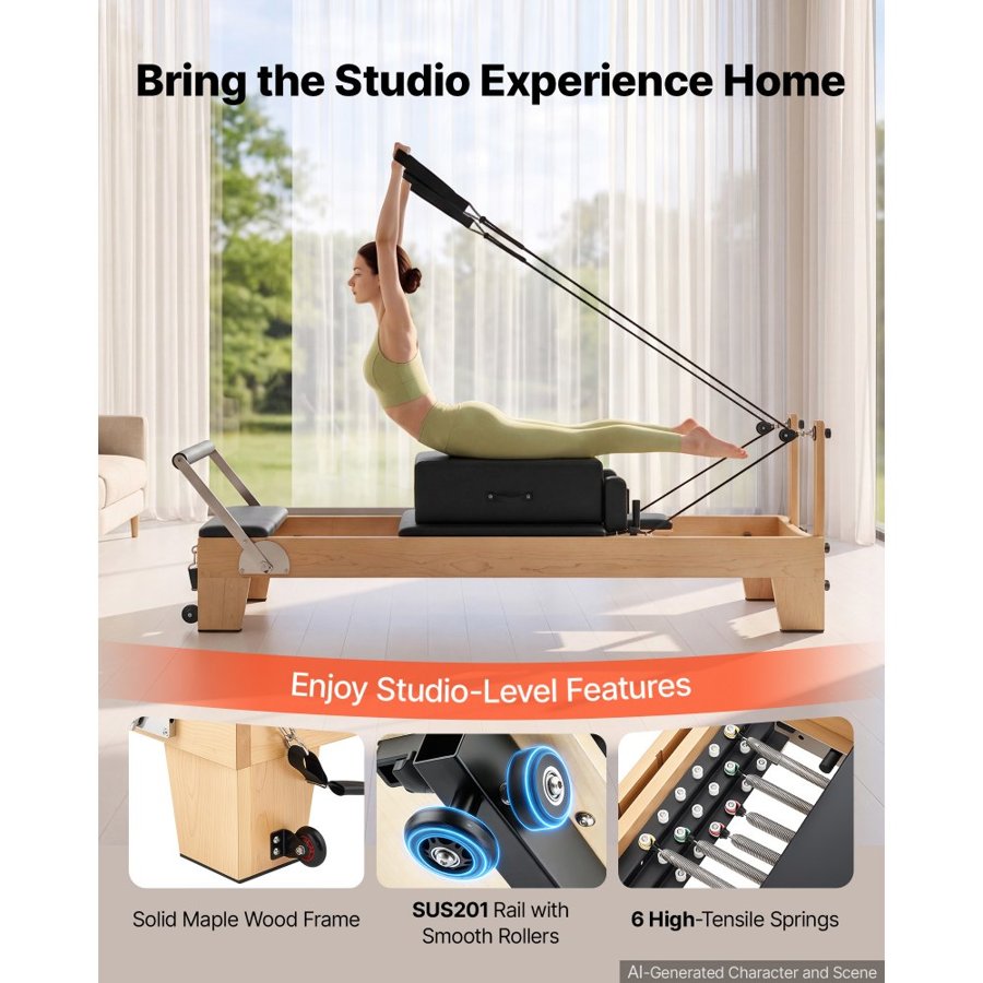 VEVOR Pilates Reformer 2.4 m Pilates Machine 181 kg Capacity Maple Wood, for Home Use and Gym Workout, with Jump Board, Music Wire Springs, and Sitting Box, Suitable for Advanced and Beginners Users