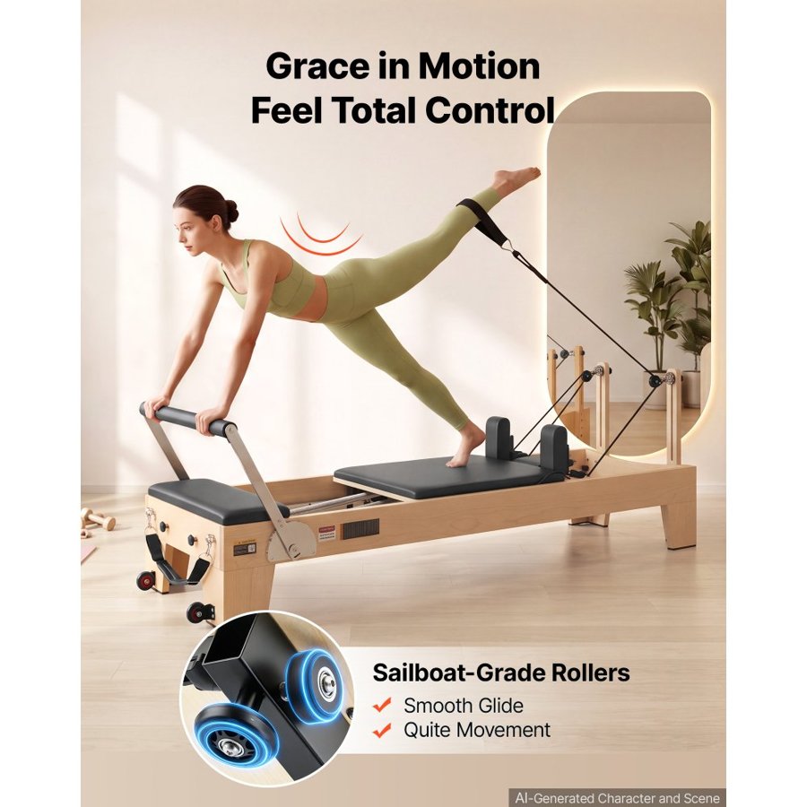 VEVOR Pilates Reformer 2.4 m Pilates Machine 181 kg Capacity Maple Wood, for Home Use and Gym Workout, with Jump Board, Music Wire Springs, and Sitting Box, Suitable for Advanced and Beginners Users