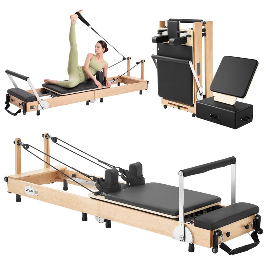 VEVOR Pilates Reformer 2.4 m Foldable Pilates Machine 181 kg Maple Wood, for Home Use and Gym Workout, with Jump Board, Music Wire Springs, and Sitting Box, Suitable for Advanced and Beginners Users