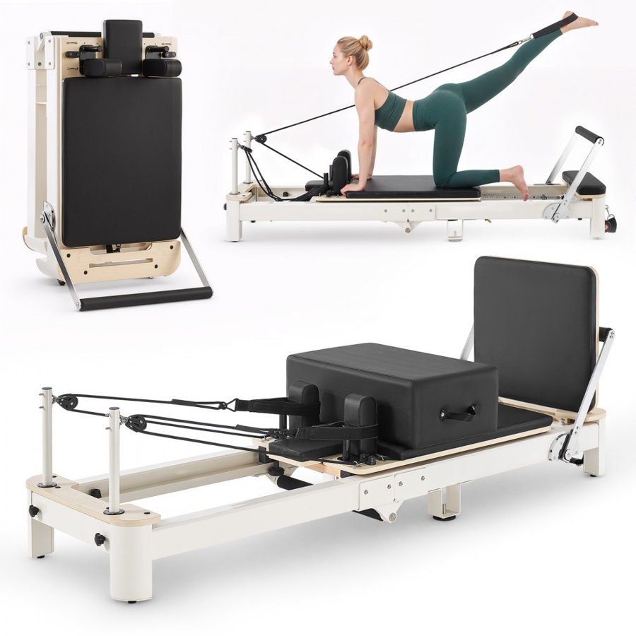 VEVOR Pilates Reformer 2.2m Foldable Pilates Machine 181kg Aluminum Alloy, for Home Use and Gym Workout, with Jump Board, Springs, Sitting Box, and Adjustable Headerest, for Advanced Beginners Users