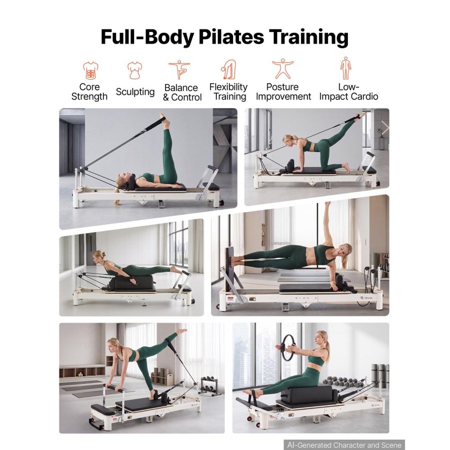 VEVOR Pilates Reformer 2.2m Foldable Pilates Machine 181kg Aluminum Alloy, for Home Use and Gym Workout, with Jump Board, Springs, Sitting Box, and Adjustable Headerest, for Advanced Beginners Users