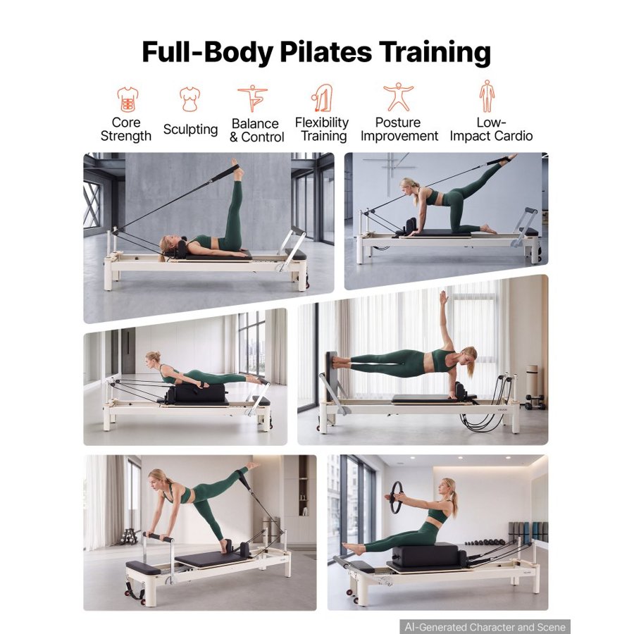 VEVOR Pilates Reformer 2.3m Pilates Machine 181kg Capacity Aluminum Alloy, for Home Use and Gym Workout, with Jump Board, Springs, Sitting Box, and Adjustable Headerest, for Advanced Beginners Users