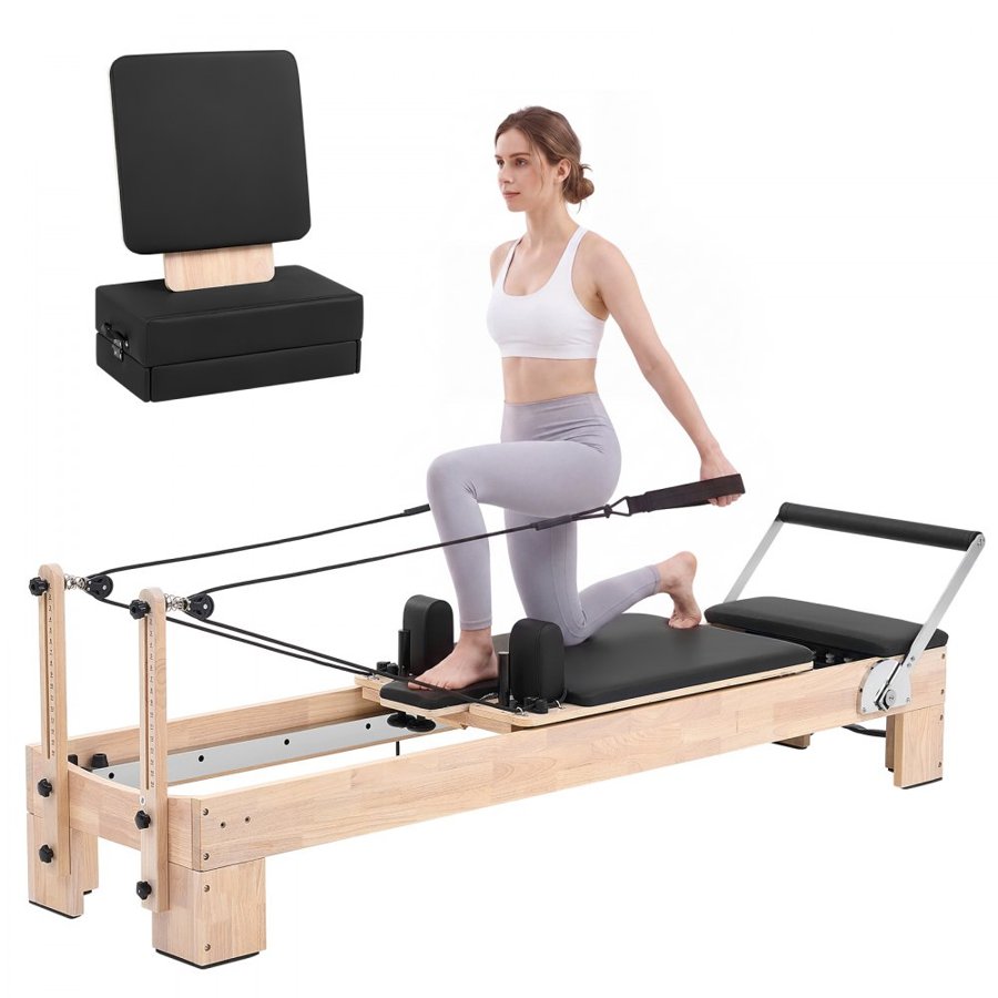 VEVOR Pilates Reformer 2.4 m Pilates Machine 181 kg Capacity Rubberwood, for Home Use and Gym Workout, with Jump Board, Springs, Sitting Box, and Adjustable Headerest, for Advanced Beginners Users