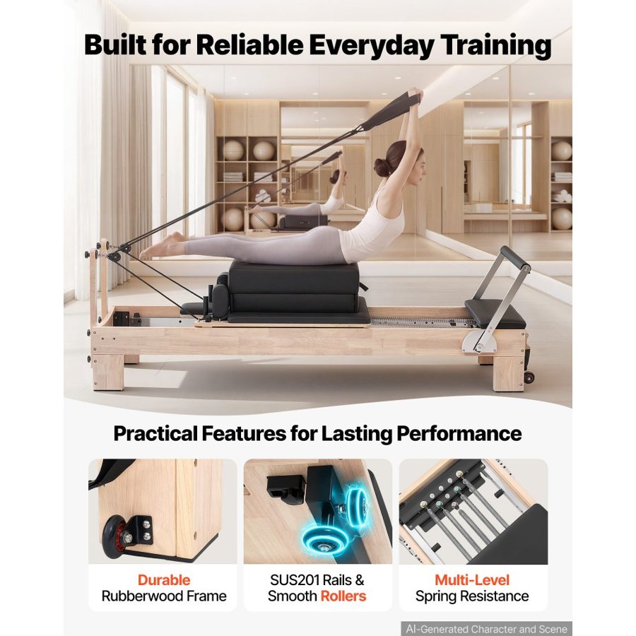 VEVOR Pilates Reformer 2.4 m Pilates Machine 181 kg Capacity Rubberwood, for Home Use and Gym Workout, with Jump Board, Springs, Sitting Box, and Adjustable Headerest, for Advanced Beginners Users