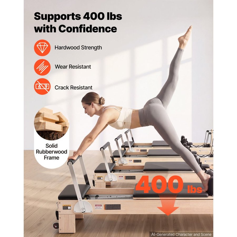 VEVOR Pilates Reformer 2.4 m Pilates Machine 181 kg Capacity Rubberwood, for Home Use and Gym Workout, with Jump Board, Springs, Sitting Box, and Adjustable Headerest, for Advanced Beginners Users