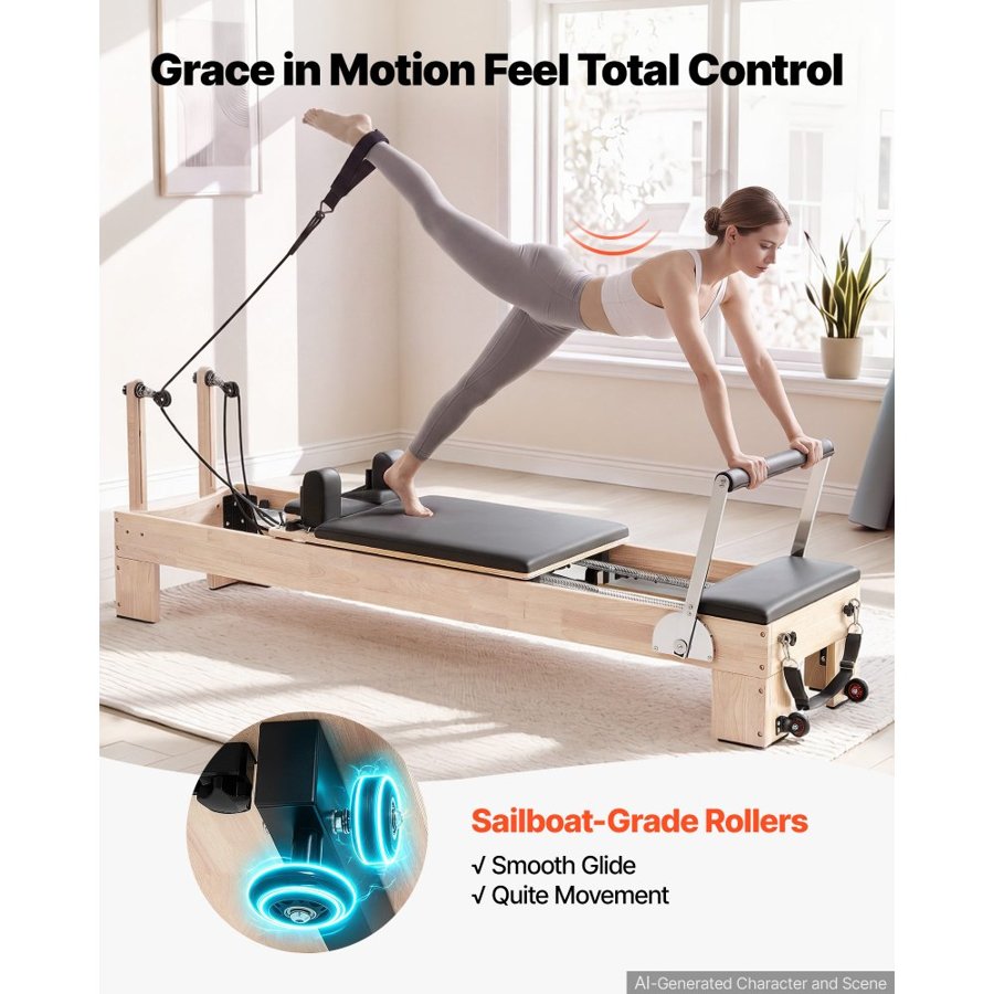 VEVOR Pilates Reformer 2.4 m Pilates Machine 181 kg Capacity Rubberwood, for Home Use and Gym Workout, with Jump Board, Springs, Sitting Box, and Adjustable Headerest, for Advanced Beginners Users