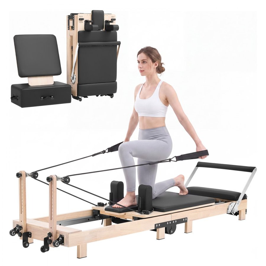 VEVOR Pilates Reformer 2.3 m Foldable Pilates Machine 181 kg Rubberwood, for Home Use and Gym Workout, with Jump Board, Springs, Sitting Box, and Adjustable Headerest, for Advanced Beginners Users