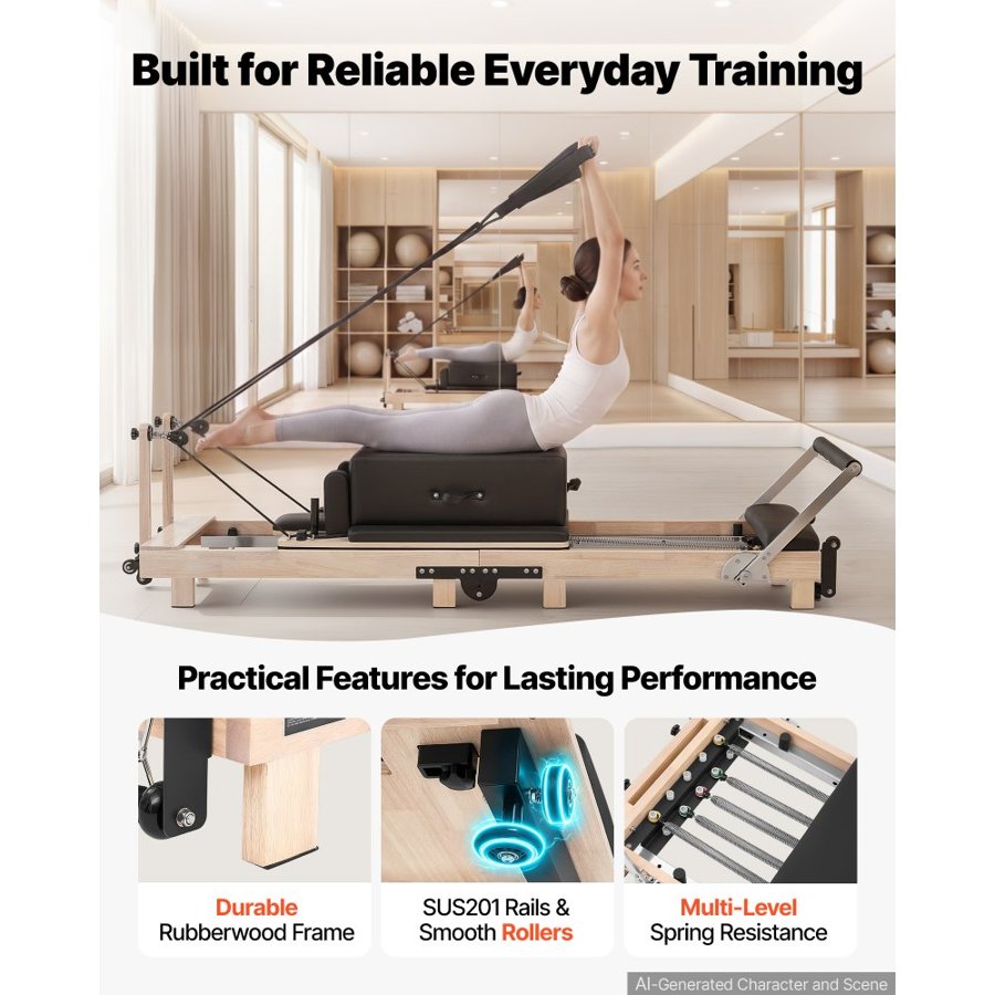 VEVOR Pilates Reformer 2.3 m Foldable Pilates Machine 181 kg Rubberwood, for Home Use and Gym Workout, with Jump Board, Springs, Sitting Box, and Adjustable Headerest, for Advanced Beginners Users