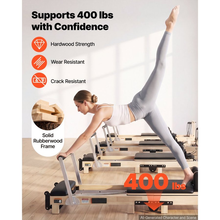 VEVOR Pilates Reformer 2.3 m Foldable Pilates Machine 181 kg Rubberwood, for Home Use and Gym Workout, with Jump Board, Springs, Sitting Box, and Adjustable Headerest, for Advanced Beginners Users