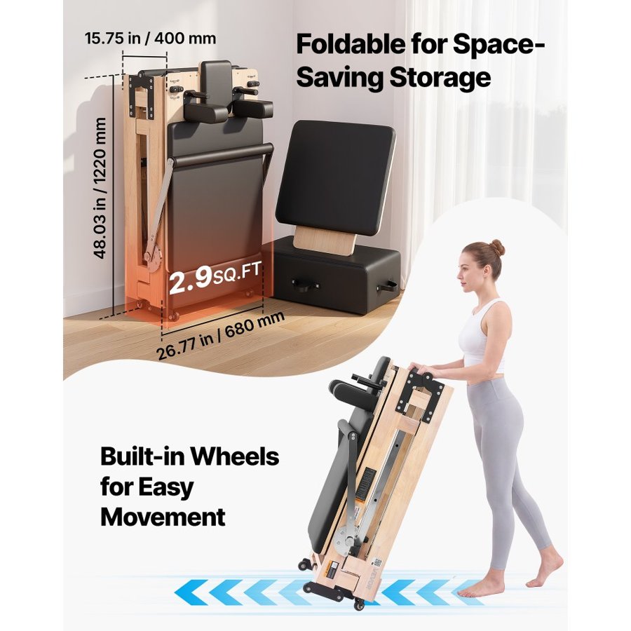 VEVOR Pilates Reformer 2.3 m Foldable Pilates Machine 181 kg Rubberwood, for Home Use and Gym Workout, with Jump Board, Springs, Sitting Box, and Adjustable Headerest, for Advanced Beginners Users