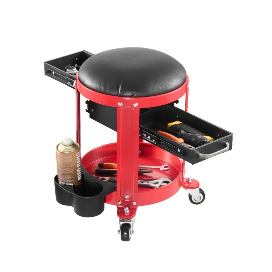 VEVOR Rolling Mechanic Stool with Wheels, 300 lbs Capacity Garage Seat/Work Stool, Padded Roller Creeper Seat with Fixed Height, Tool Tray and 2 Drawers, for Garage, Shop & Auto Repair, Red+Black