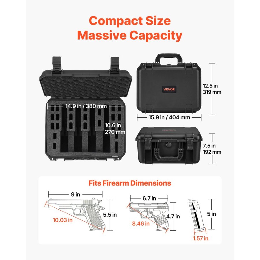 VEVOR 4 Pistol Hard Case – 4 Guns, 23 Mags, IP67, TSA Ready