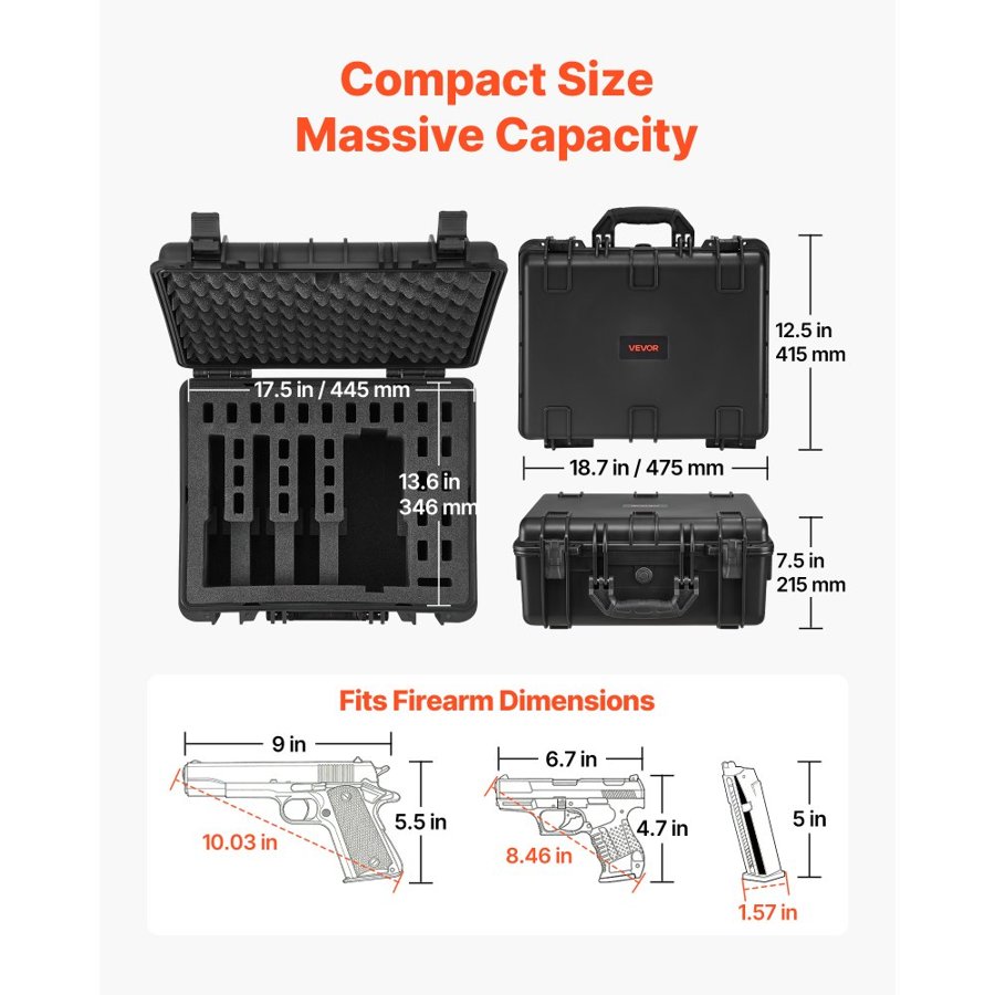 VEVOR Multi Pistol Hard Case – 5 Guns, IP67, TSA Compliant