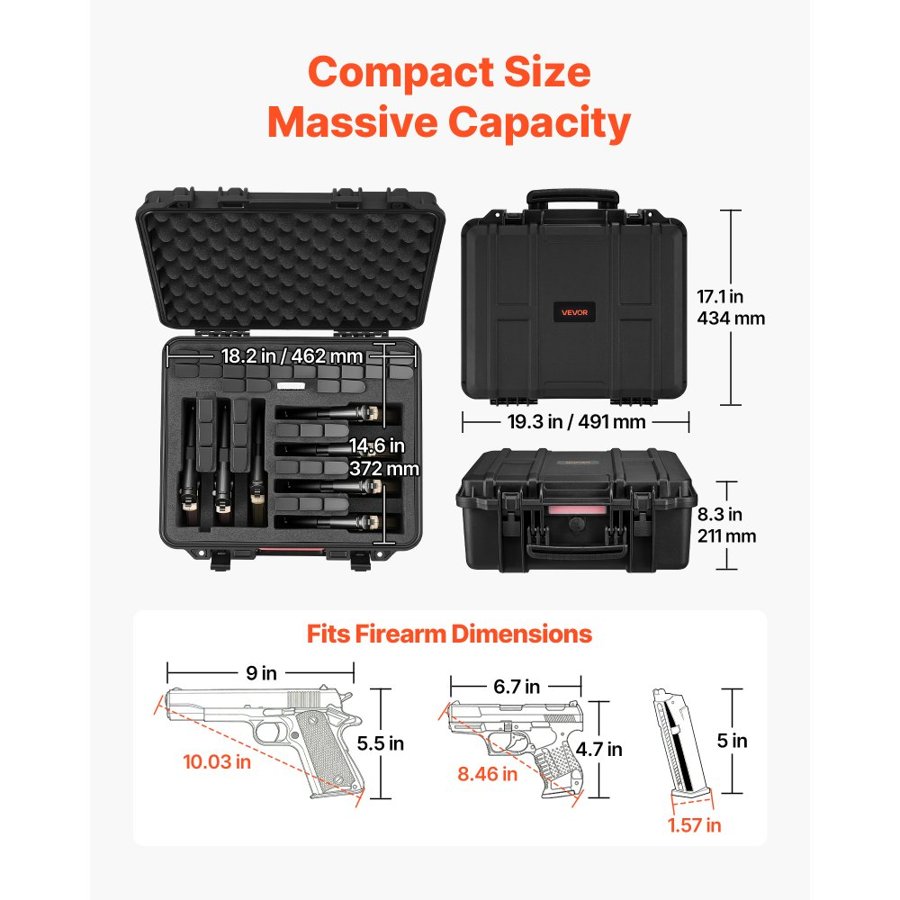 VEVOR Multiple Pistol Hard Case – 19.3×17.1 inch, IP67, TSA