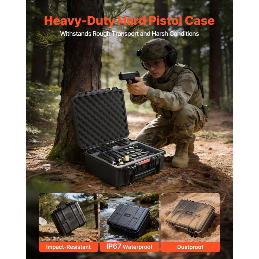 VEVOR Multiple Pistol Hard Case – 19.3×17.1 inch, IP67, TSA