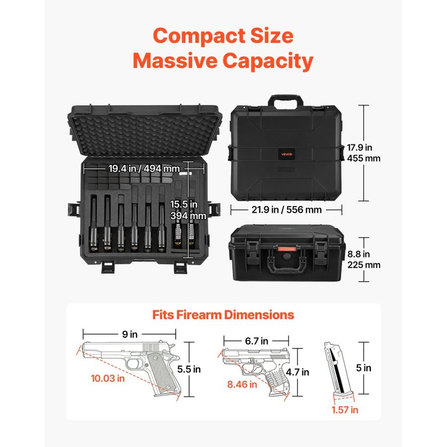 VEVOR 8 Pistol Case – 8 Guns, 28 Mags, 4 Latches, IP67, TSA