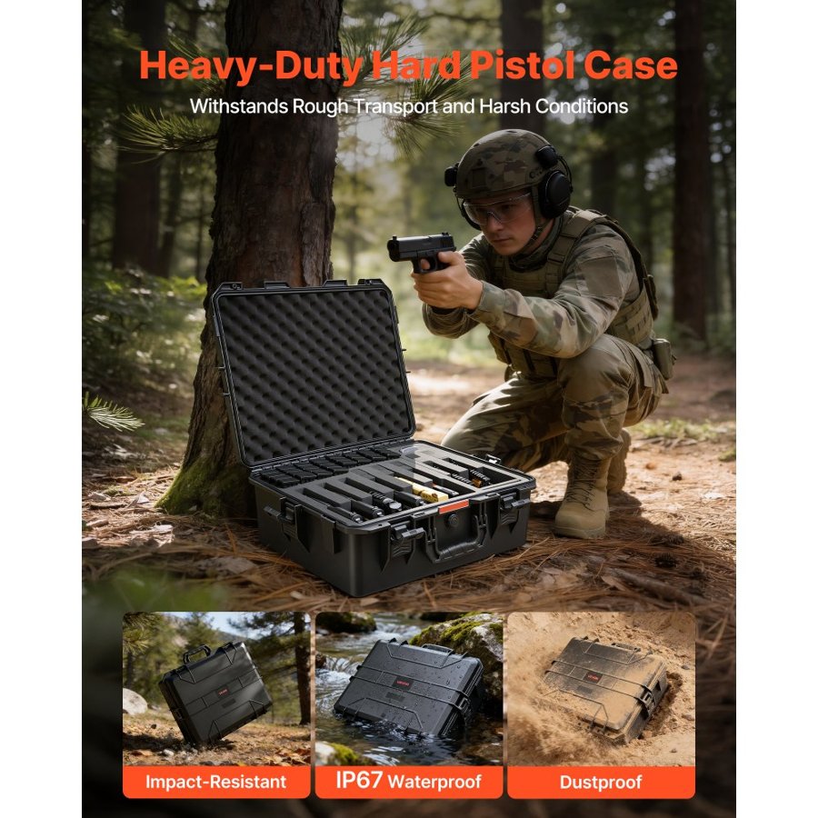 VEVOR 8 Pistol Case – 8 Guns, 28 Mags, 4 Latches, IP67, TSA