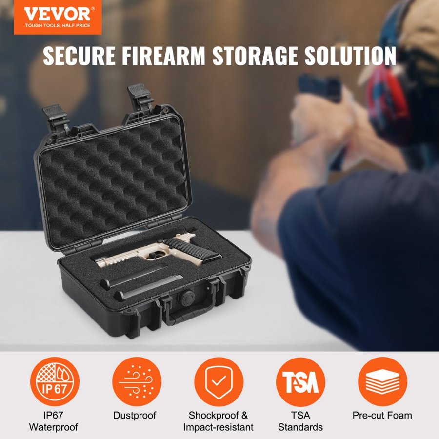 VEVOR Hard Pistol Cases with Pre-cut PU Foam, Waterproof & Dustproof Hard Gun Case for 1 Pistol, 12.59×9.01×4.4 in Lockable Pistol Case, Black