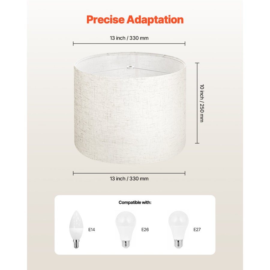 VEVOR Drum Lamp Shade, 13 in Top x 13 in Bottom x 10 in High, Medium Drum Linen Lampshade, Replacement Lamp Shade for Table Lamps Floor Lamps Pendant Lights, Easy Assembly Required (Light Linen)